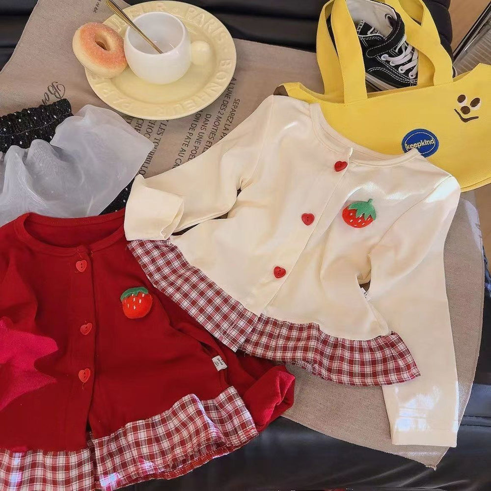 Girls' cute strawberry plaid lace-trimmed knit cardigan with skirt detail - new autumn sweet & chic long-sleeve top