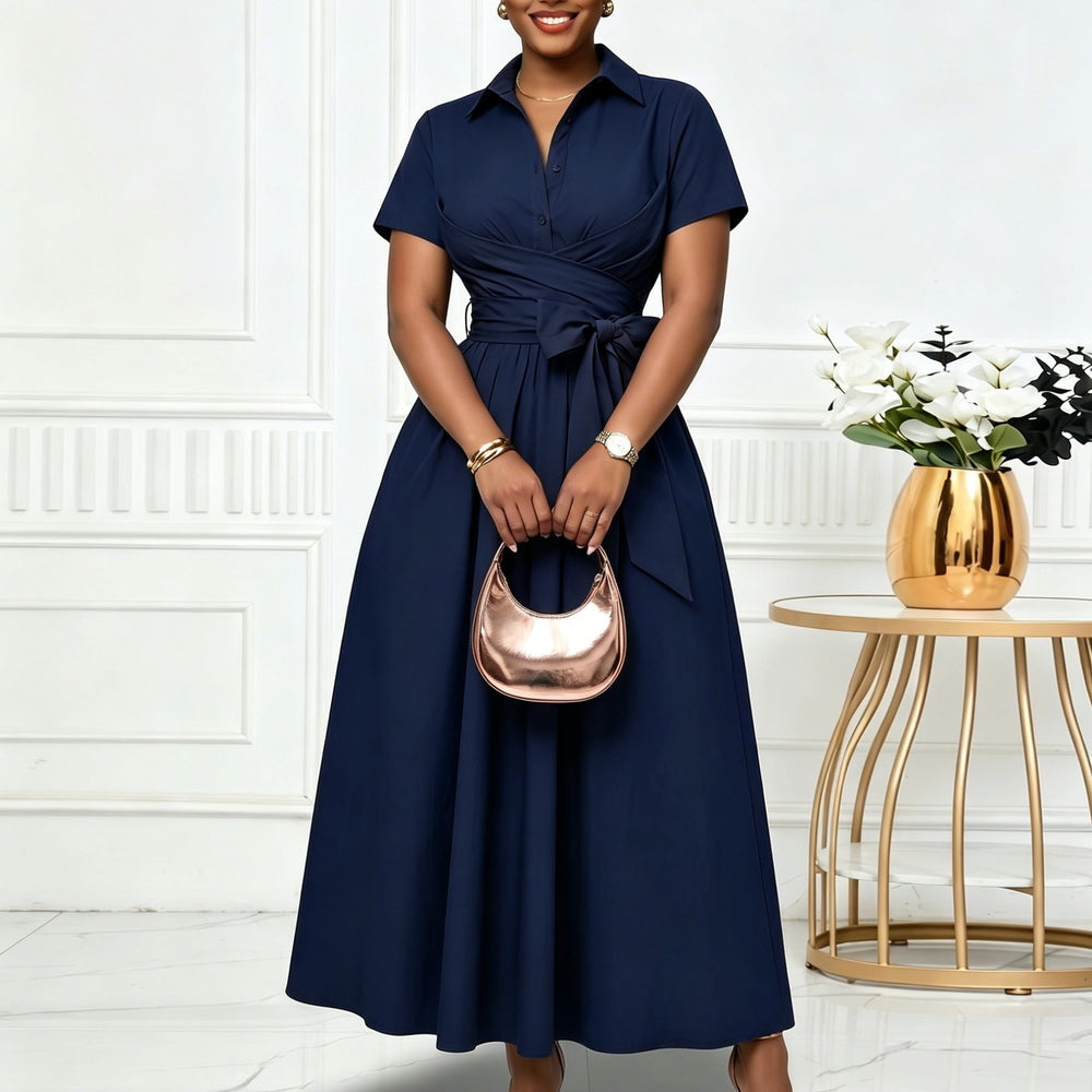 C8662  european and american women's clothing  summer new arrival: collared short-sleeve tie-waist solid color export dress