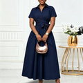 C8662  european and american women's clothing  summer new arrival: collared short-sleeve tie-waist solid color export dress