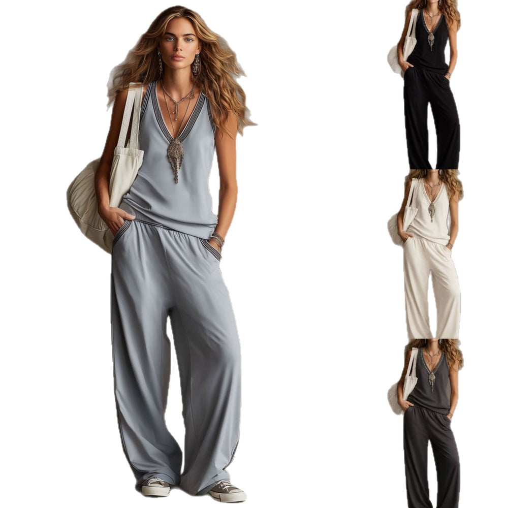 Fashion cross-border independent station new arrival vest v neck sleeveless loose pants suitloose drapedcasualtwo-piece set for women