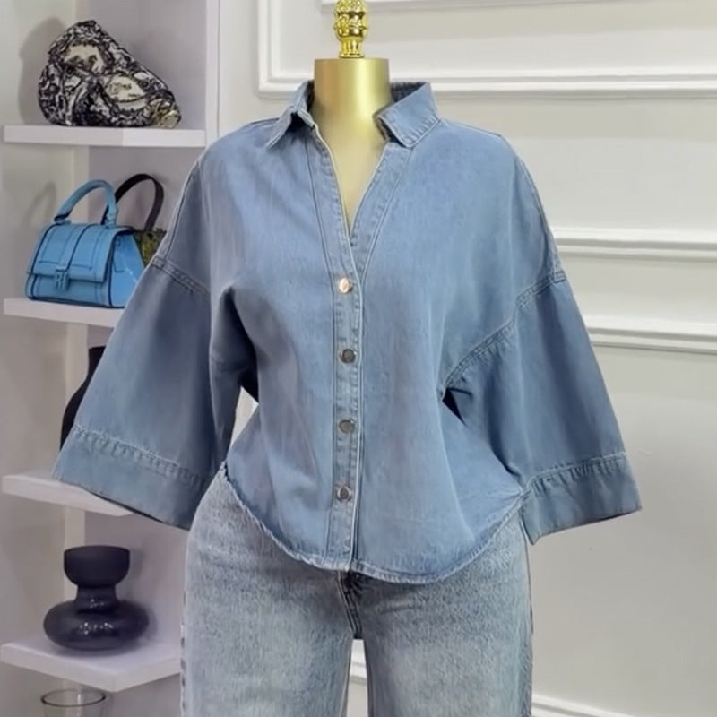 European and american cross-border women's fashion:  summer new arrival - stylish, loose-fit, plus-size, turn-down collar blue denim shirt jacket top