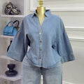 European and american cross-border women's fashion:  summer new arrival - stylish, loose-fit, plus-size, turn-down collar blue denim shirt jacket top