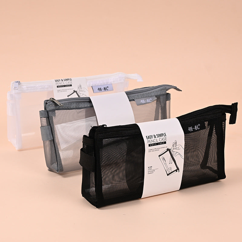 Factory direct sales three-dimensional large-capacity student pencil bag, simple transparent mesh stationery box, triangular universal stationery bag