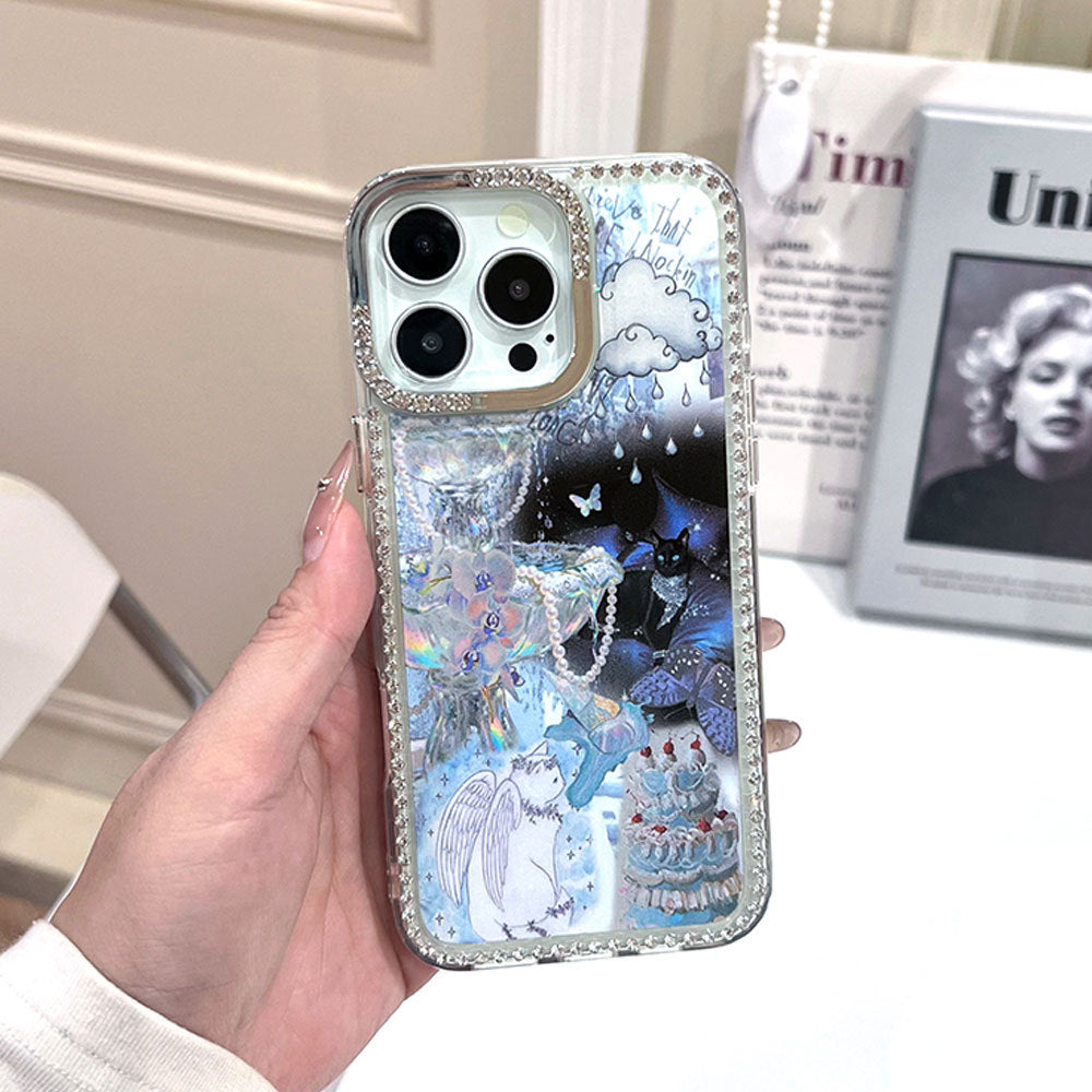 Angel black and white cat design iphone 17 air glitter diamond star phone case, apple 16 pro rhinestone protective cover