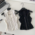 French chic ruffle trim top - women's designer sleeveless chiffon blouse with exquisite rhinestone embellishments and halter neck detail. a unique and elegant piece
