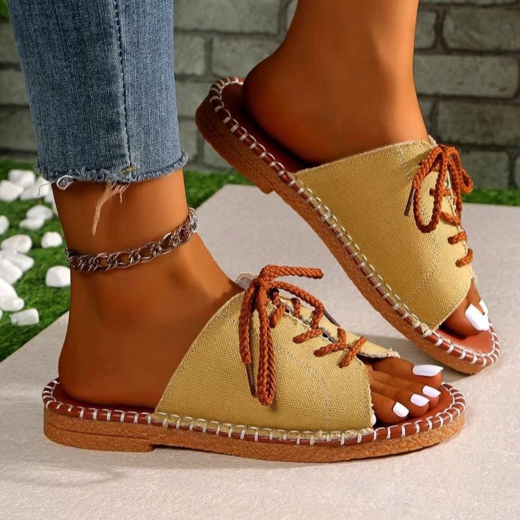 Ready-to-ship european and american plus-size women's slippers, 2025 summer collection: lace-up peep-toe slides, outdoor wear, flat, casual, crossover straps