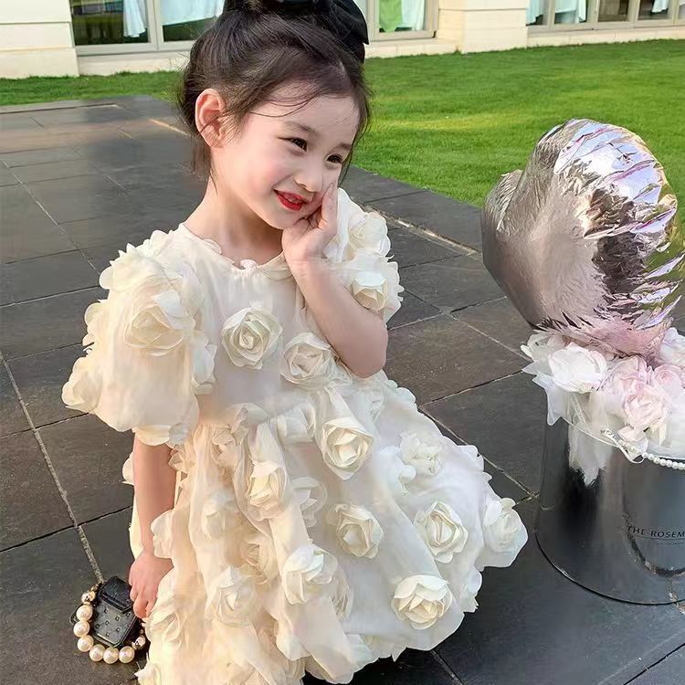 【clearance】girls' summer dress: new, stylish rose-embellished, fairy-tale bubble sleeve princess tutu dress