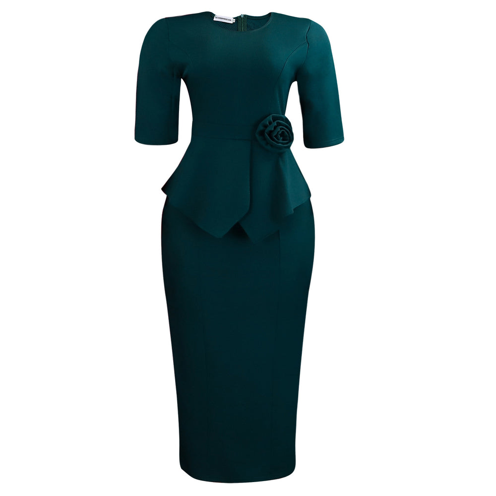 D626  women's summer fashion elegant solid color bodycon ruffle trim 3d floral foreign trade dress