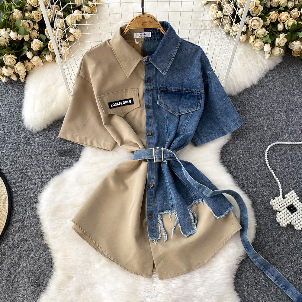 Contrast color lapel waist slimming looka single breasted shirt denim dress women's longasymmetrical t-shirt skirt