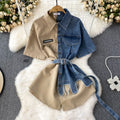 Contrast color lapel waist slimming looka single breasted shirt denim dress women's longasymmetrical t-shirt skirt