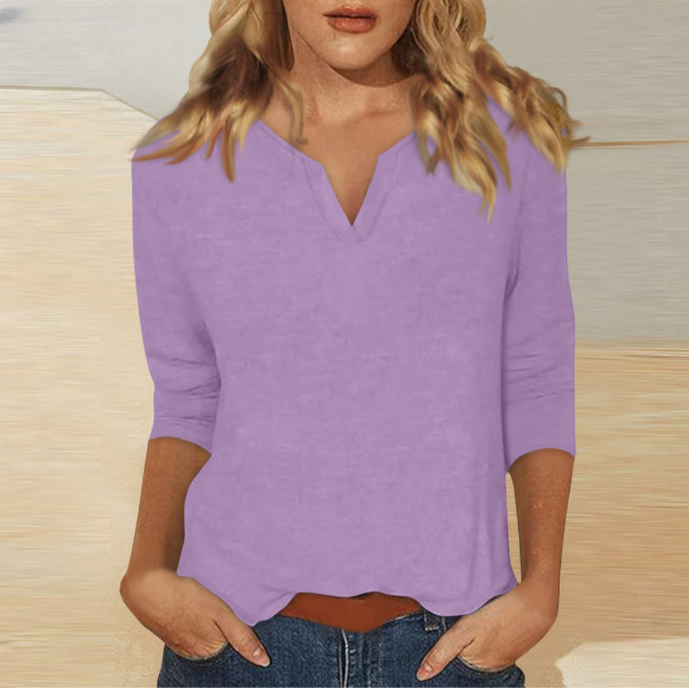 cross-border women's v-neck 3/4 sleeve solid color t-shirt top