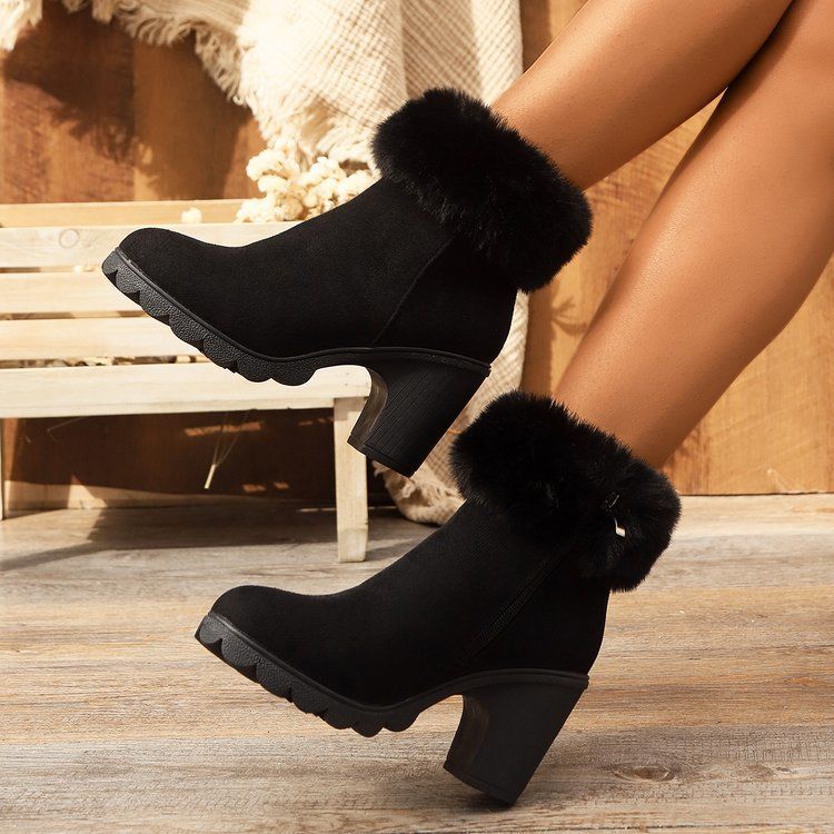 New arrivalbootsshortfall and winter fur women's boots side zipper high heel fashion boots cross-border plus sizeheattech cotton boots for women