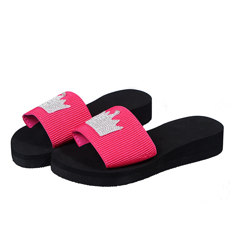 Women's slippers 2024 summer new trendy candy color rhinestone flat crown outdoor thick sole one-strap sandals