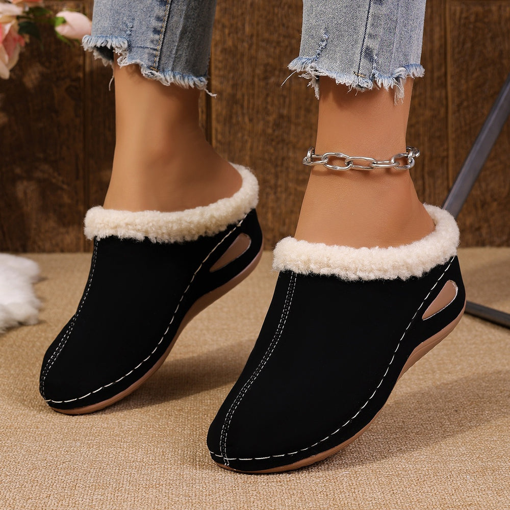 Women's plus size fleece-lined wedge slippers - new autumn  collection - thick-soled, warm, furry, closed-toe cotton slippers - size 43