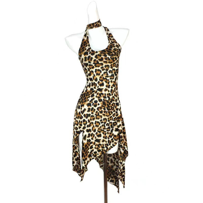European and american cross-border sexy women's clothing:  summer new halter neck backless leopard print asymmetrical dress