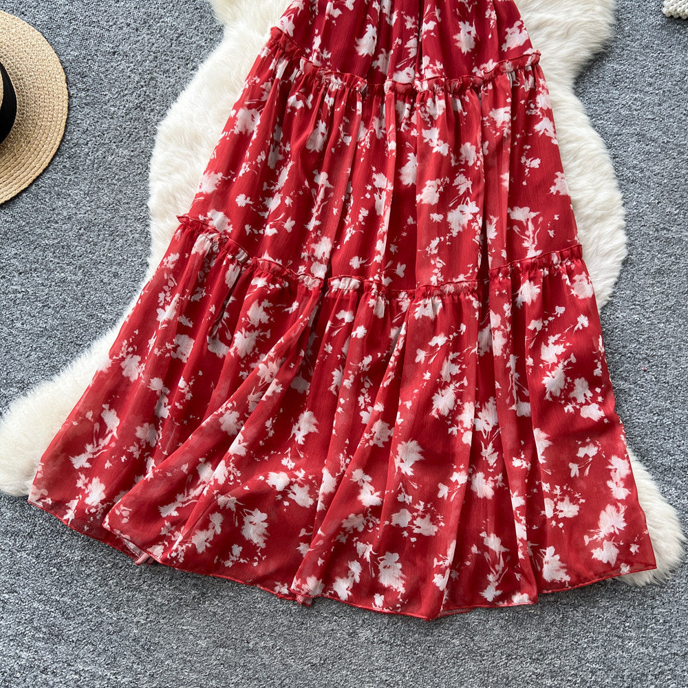 French holiday style red floral suspender dress women's summer pure desire backless sleeveless a-line elegant long skirt slimming look