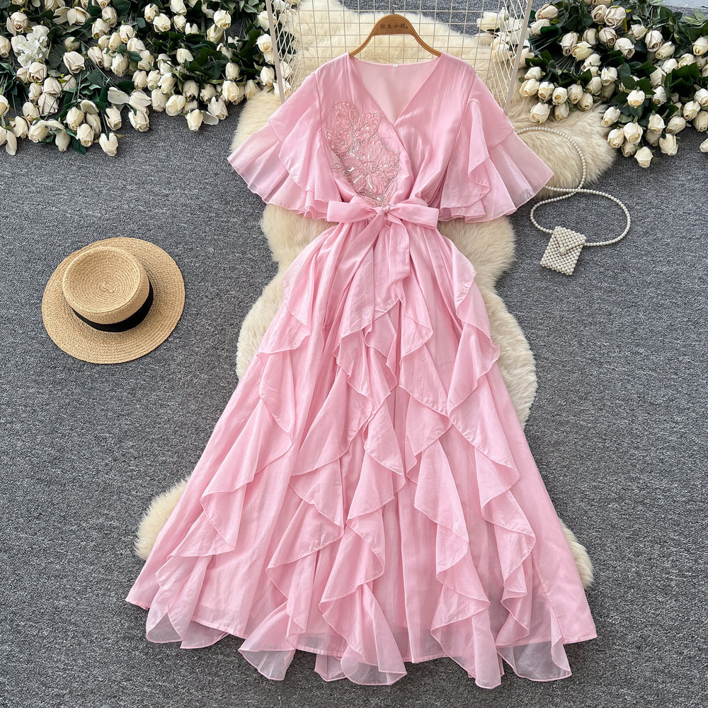French chic v-neck flutter sleeve dress - new  collection: slimming, figure-flattering, ruffle hem maxi dress for an elegant and refined look