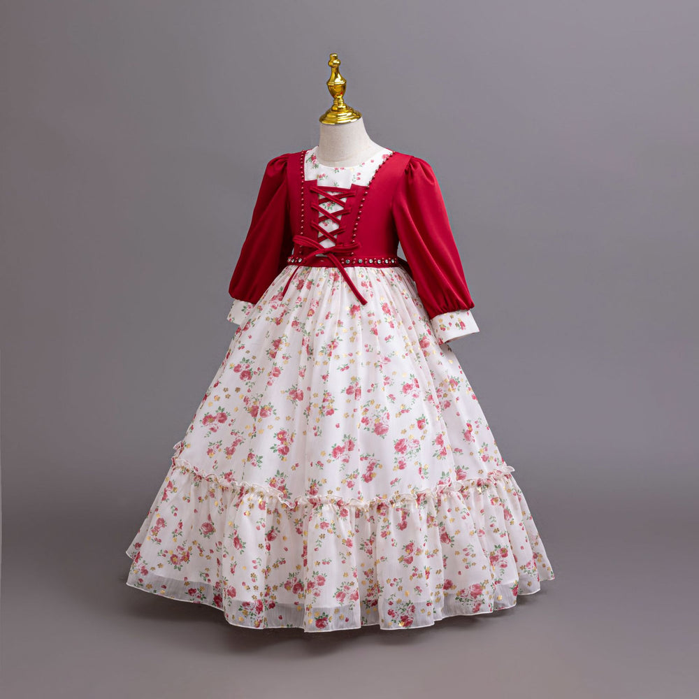 Ready-to-ship new chiffon dress long sleeve floral print princess dress girls' piano performance dress flower girl dress