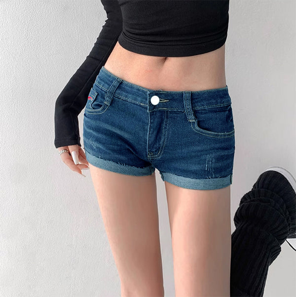 Summer denim shorts women's ultra-low waist exposed navel elastic tight and thin hip-wrapped sexy millennial babes curling hot pants