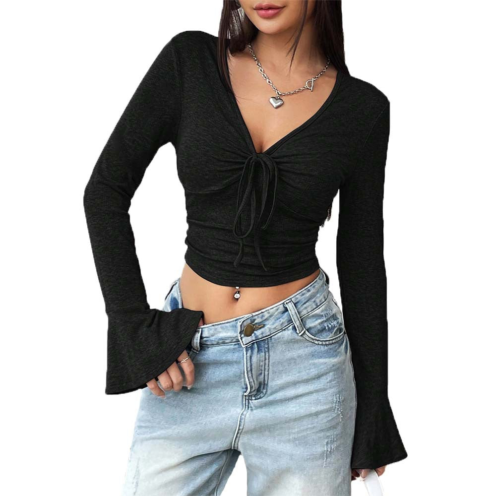 European and American  women's clothing V-neck horn-sleeved T-shirt summer new elegant style solid color pullover long-sleeved short top women
