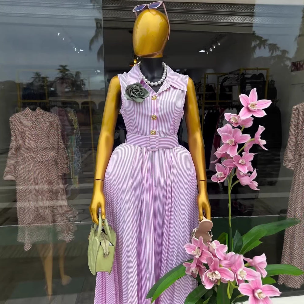 European and american cross-border women's clothing:  summer new arrival - elegant sweetheart style, striped tie-neck pleated sleeveless dress