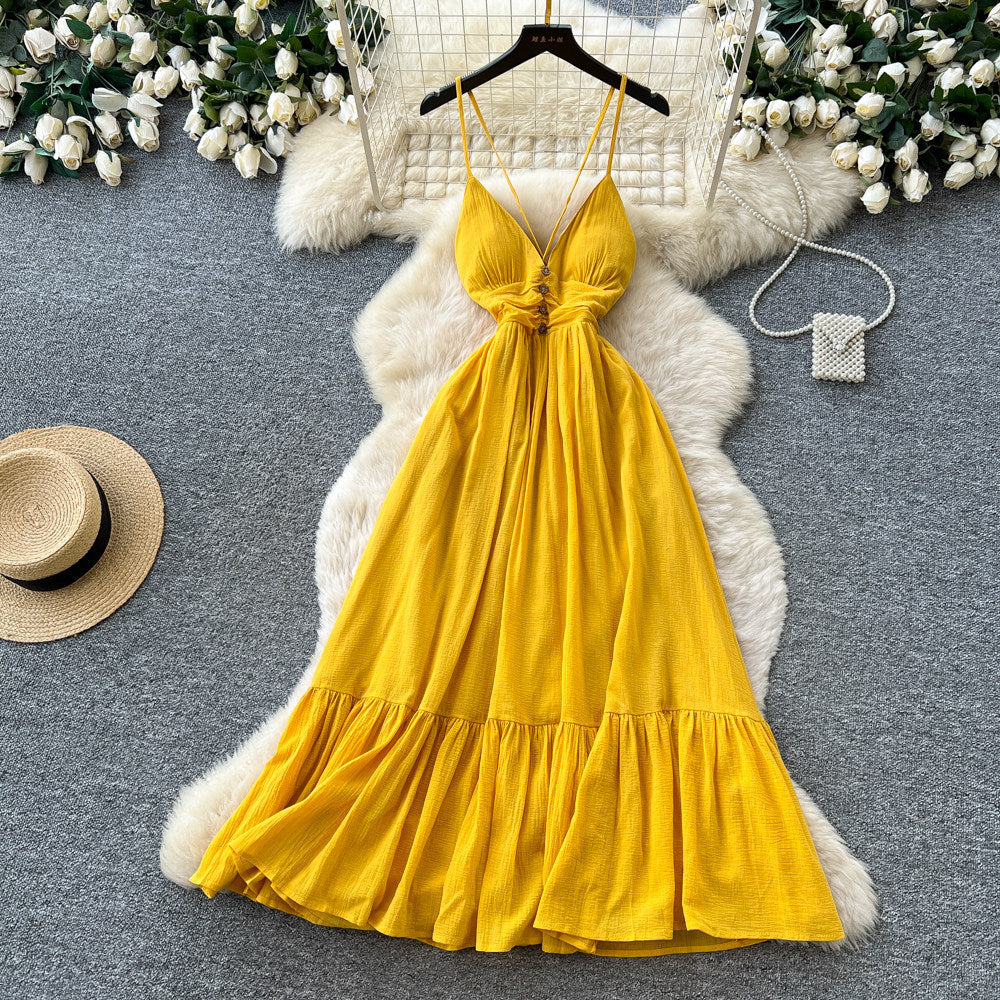 French yellow suspender pure desire backless dress women's summer k-style waist ruffles slimming look vacation style long skirt