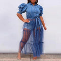 new european and american plus size women's dress cardigan long skirt elegant commute blue denim patchwork mesh skirt