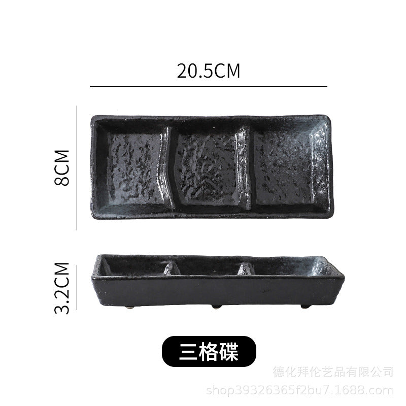 Japanese-style ceramic three-compartment dish - sauce, snack, and vegetable plate - rectangular sushi plate - restaurant-grade wholesale from manufacturer