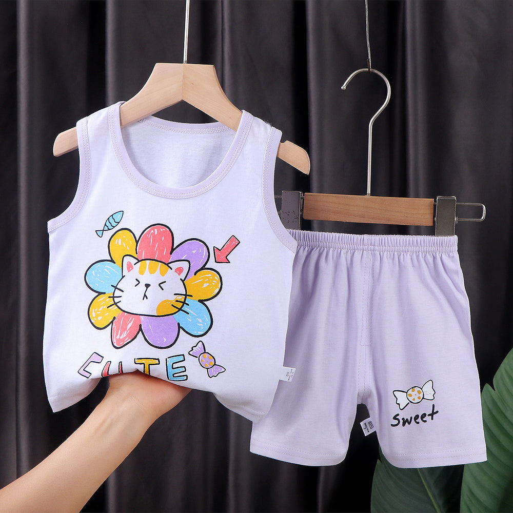 Kids' tank top set - summer new arrival: pure cotton girls' shorts outfit, korean style sleeveless set for baby boys and girls
