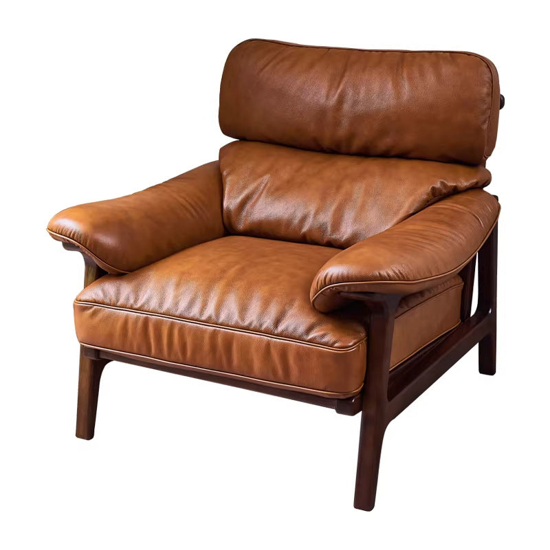 Second-hand style grids first layer real cowhide retro ash wood living room balcony tea master chair single sofa lounge chair