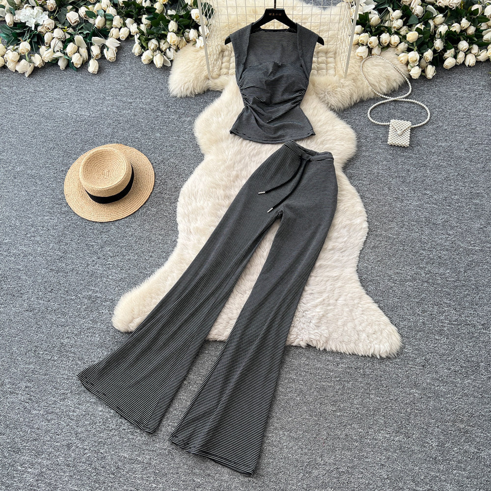 Minimalist sleeveless tank top & high-waisted striped flare pants set - women's summer slimming two-piece outfit for a chic and confident look