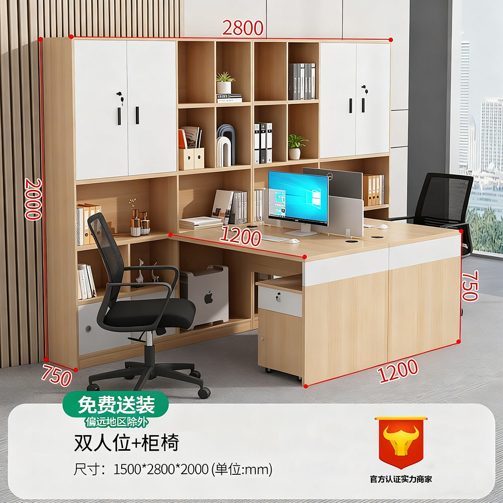 Financial office desk set - executive office desk with high cabinet, two-seat facing configuration for accountants and managers