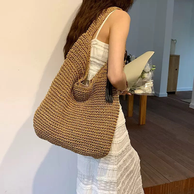 Mori Lazy Wind Woven Bag Stylish and Simple Shoulder Bag Handmade Woven Bag Casual Versatile Large Capacity Beach Bag