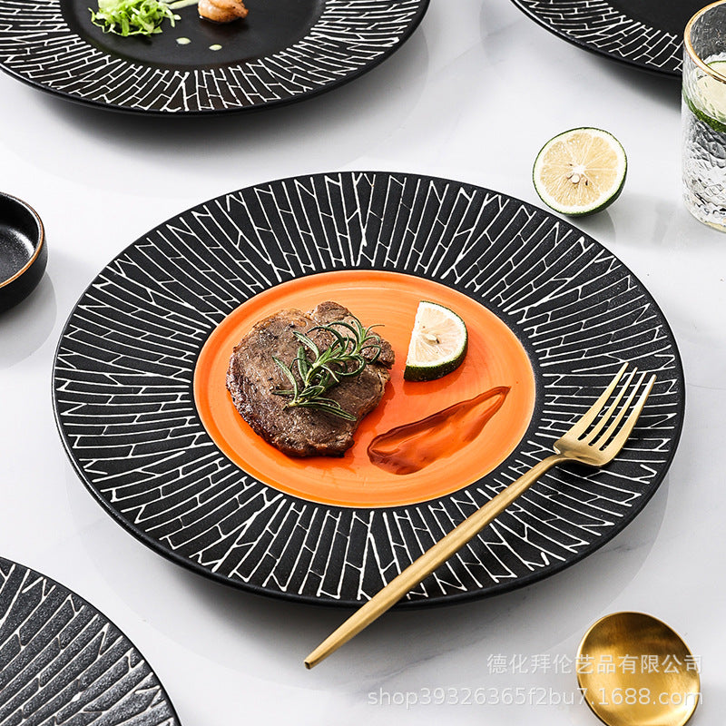 European-style black striped dinner plate ceramic tableware, hotel restaurant steak plate, creative large soup plate pasta plate