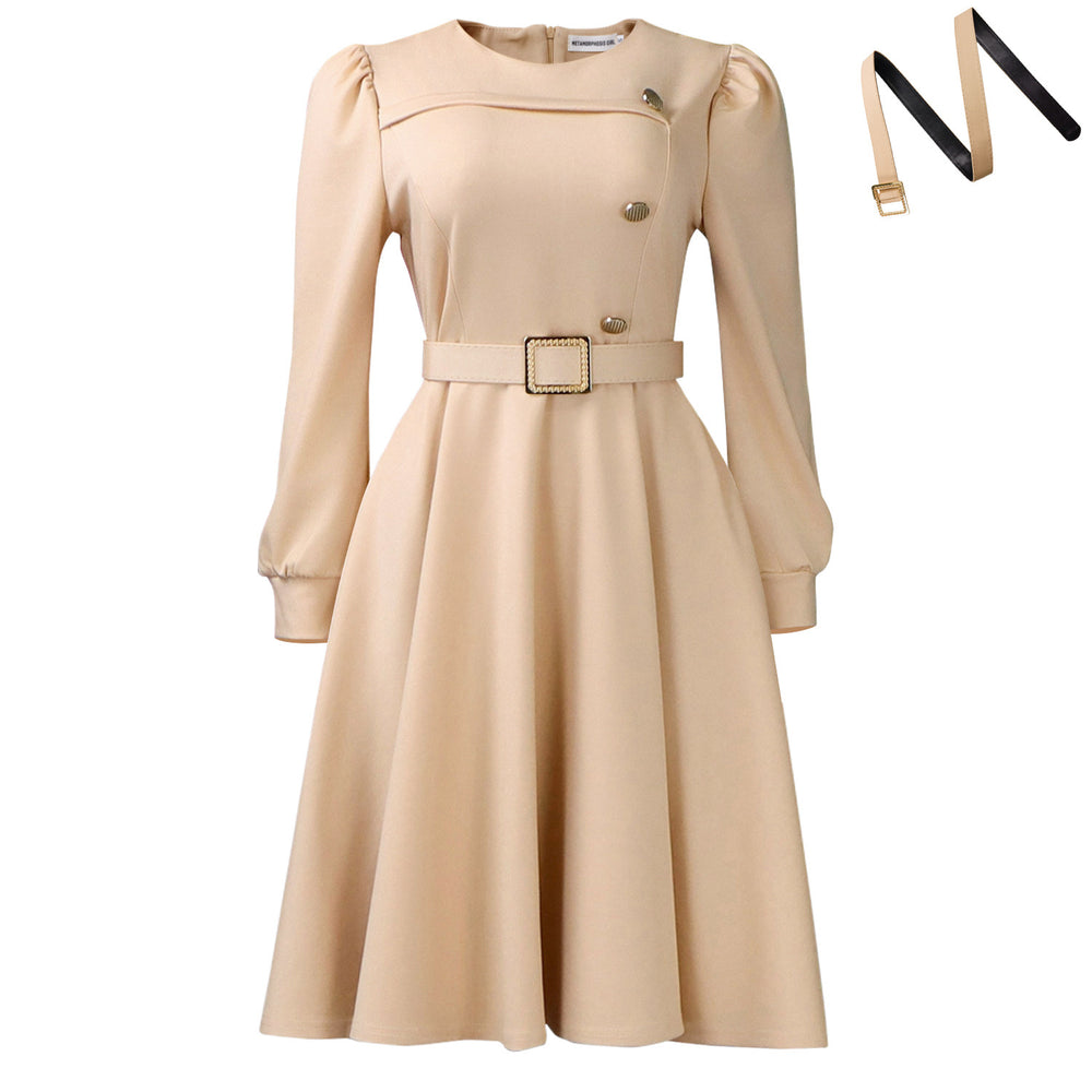 D3349 european and american cross-border new round neck long sleeve high waist a-line dress elegant party solid color foreign trade african dress