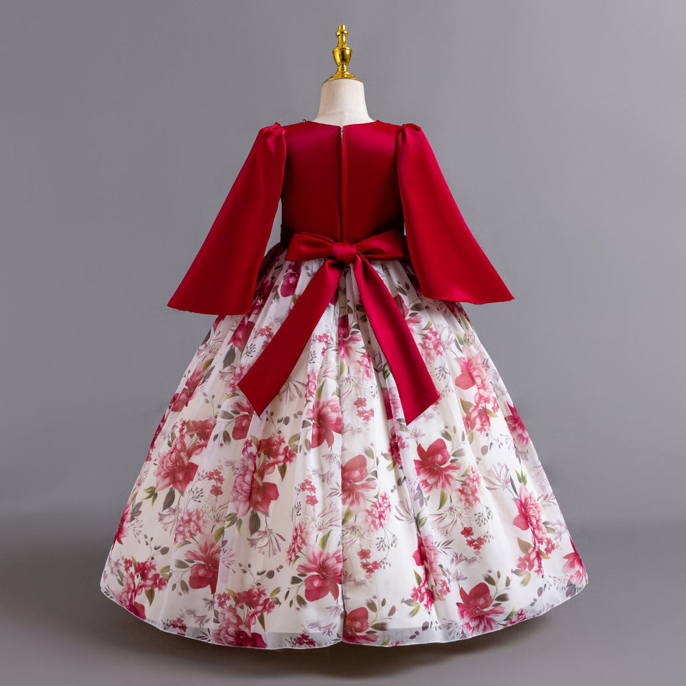 New floral girl's dress chiffon long sleeve princess dress first birthday piano performance dress baby dress