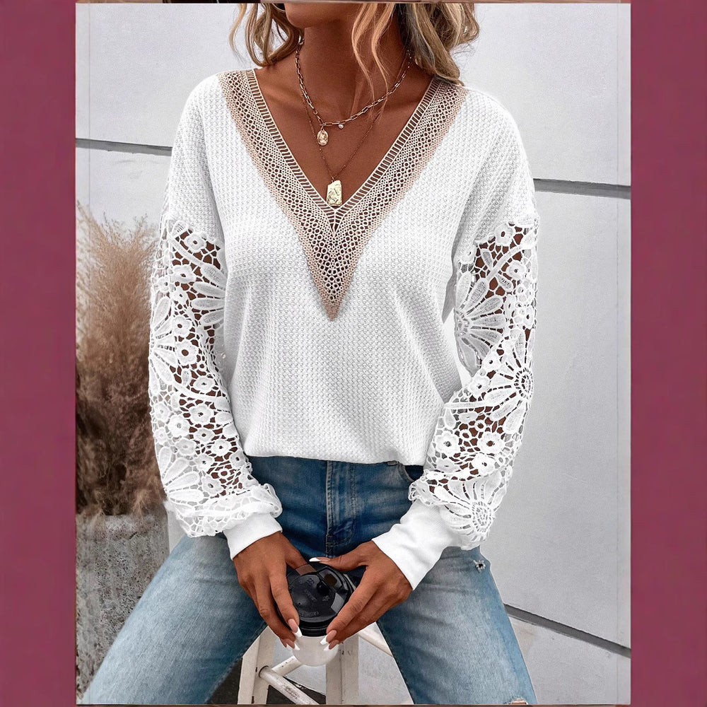 Amazon cross-border new autumn women's long-sleeved v-neck patchwork hollow-out lace see-through casual t-shirt