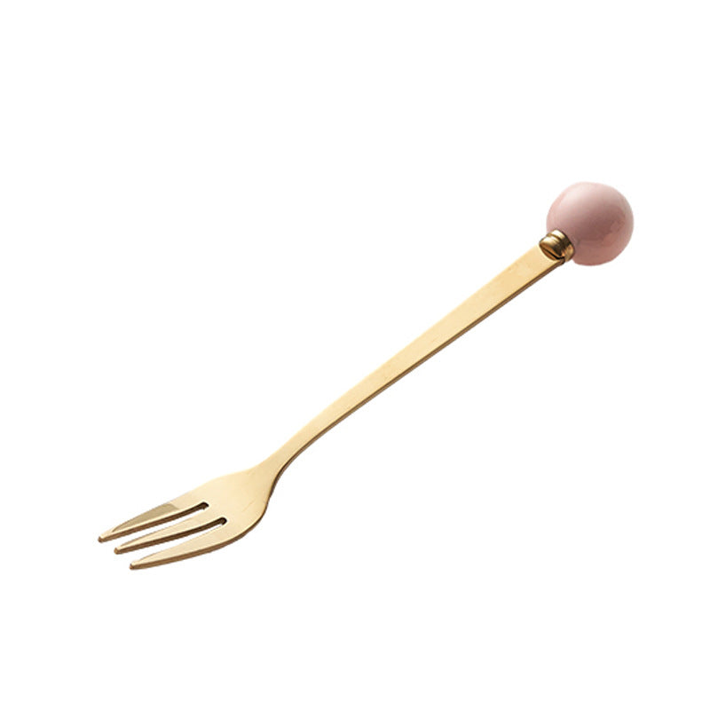 Simple macaron glazed ceramic handle fruit fork creative stainless steel fork spoon high-value home dessert spoon
