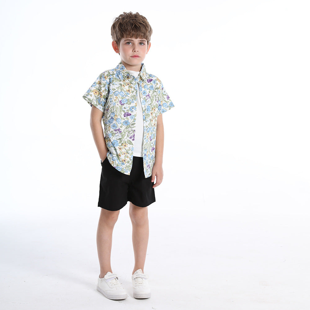 Summer kids' clothing: children's printed short-sleeve shirt, boys' t-shirt casual three-piece set, water festival floral shirt for kids