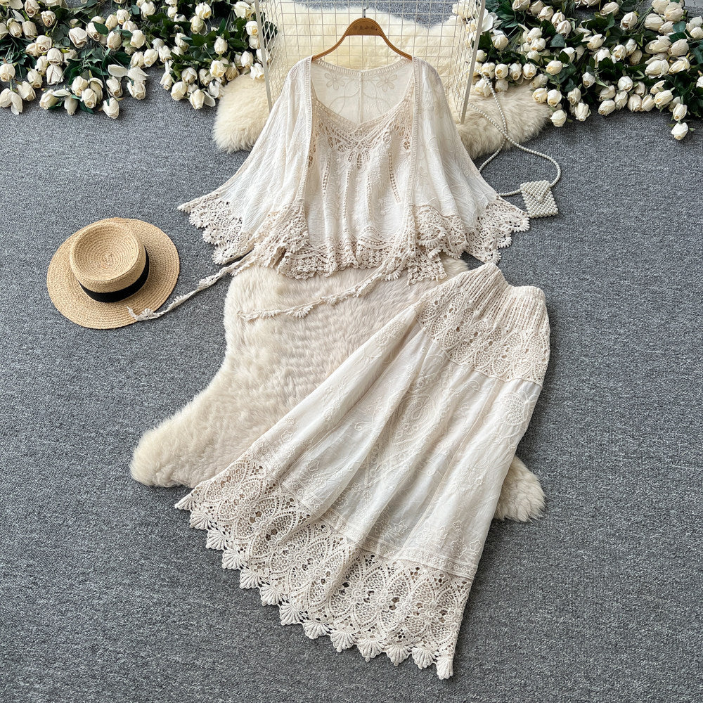French chic lace cutout two-piece set for women - autumn 2026 elegant fashion outfit - white high-waisted set