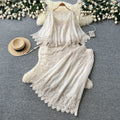 French chic lace cutout two-piece set for women - autumn 2026 elegant fashion outfit - white high-waisted set