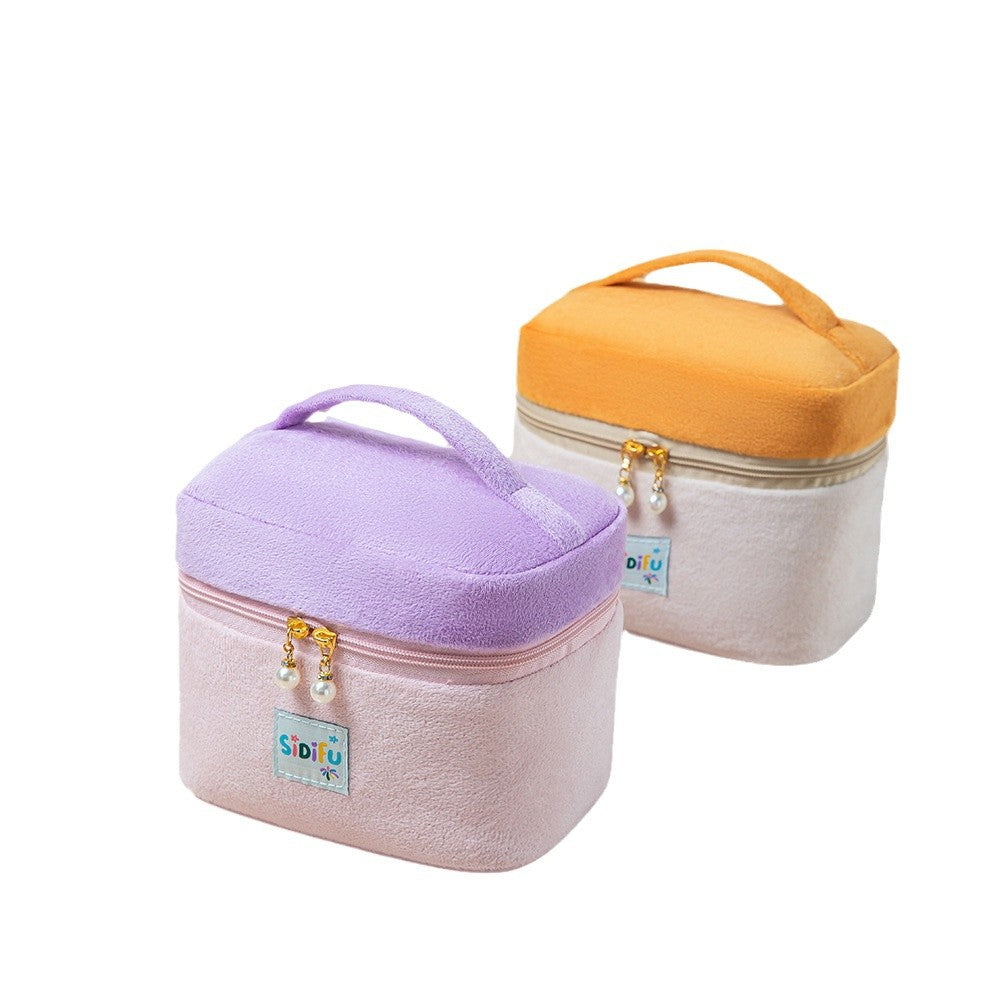 Stiff Contrast Color Cosmetic Bag Flannel Portable Storage Bag Travel Portable Wash Bag Large Capacity Partition Storage Bag