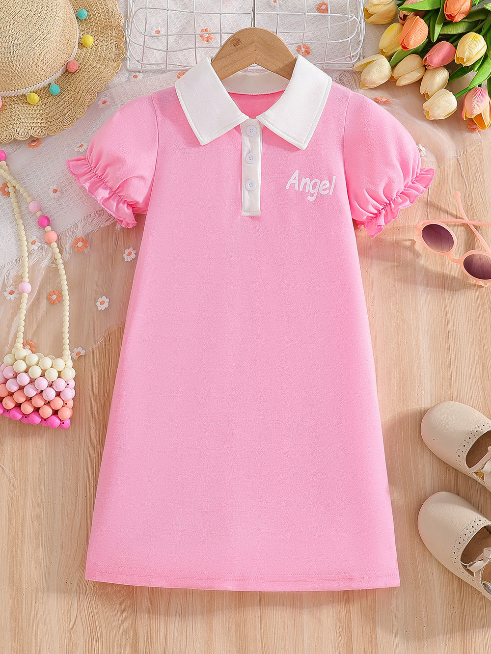 Girls' short-sleeve polo dress - pink summer style with turn-down collar, lantern sleeves, and letter print - perfect for toddlers and young children