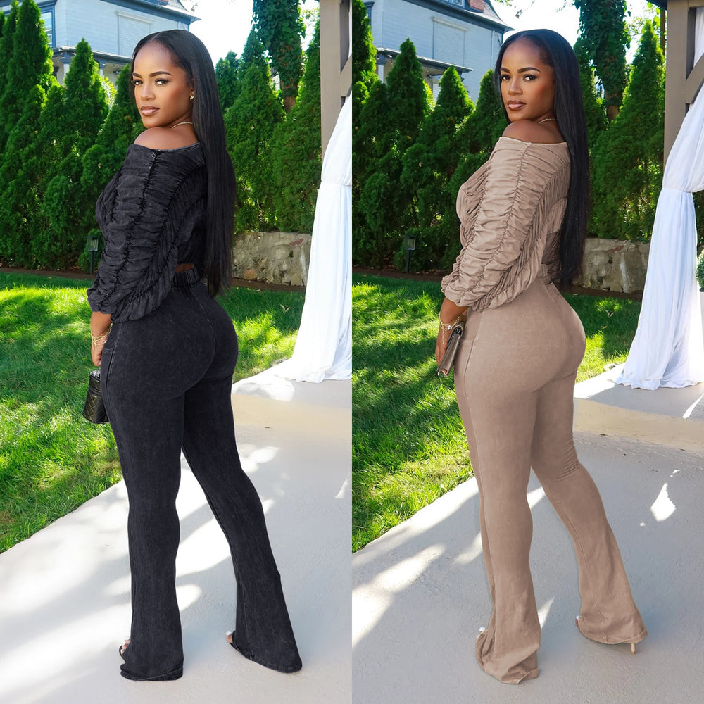 C7568 cross-border   fashion women's distressed one-shoulder pleated flared casual pants set