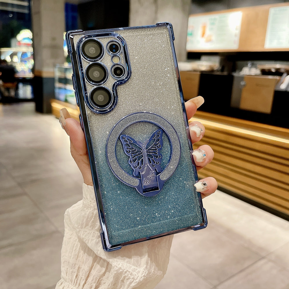 Samsung s25u butterfly glitter stand magnetic phone case, compatible with s26p, four-corner airbag anti-drop a07 protective cover