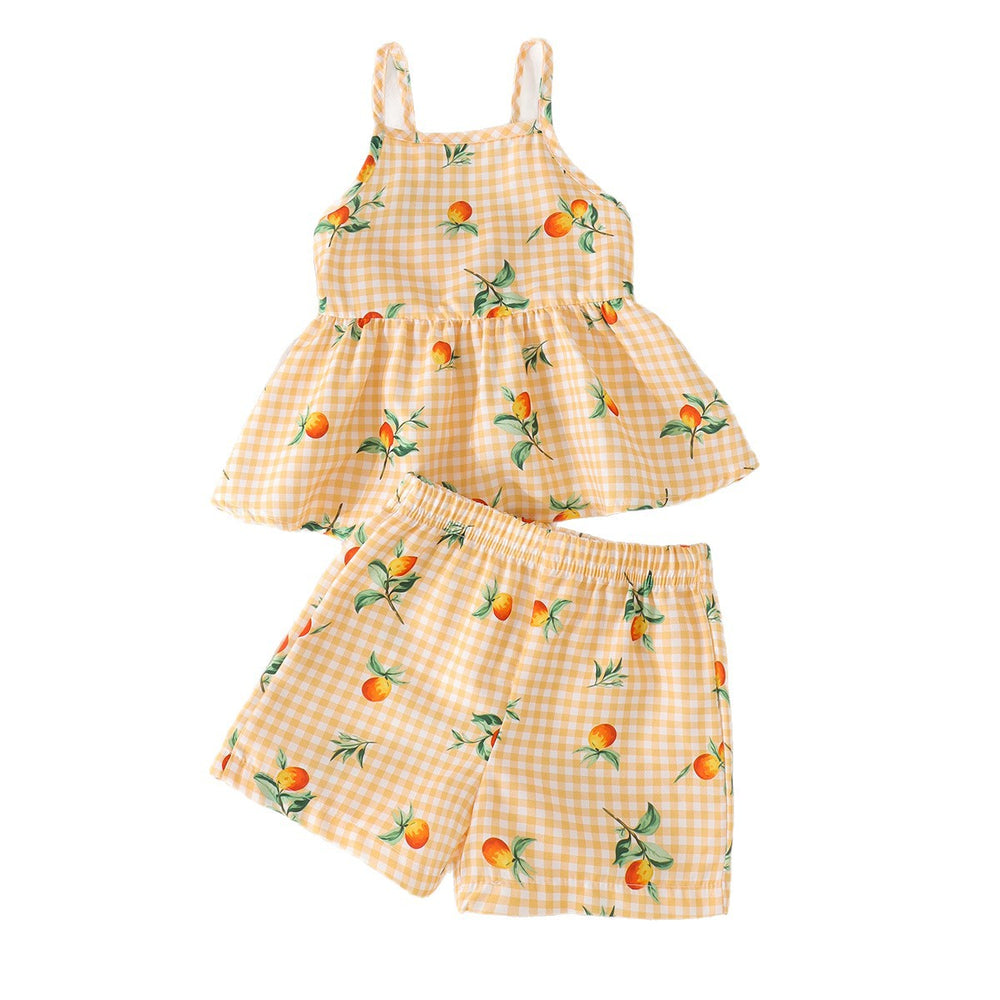 Children's clothing cross-border european and american girls yellow suspender tops+shortstwo-piece set children's clothing