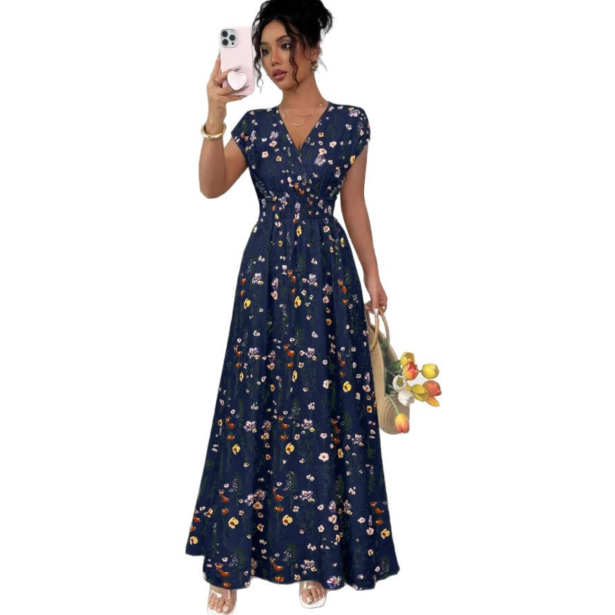 european and american cross-border new summer v-neck french floral print bodycon dress