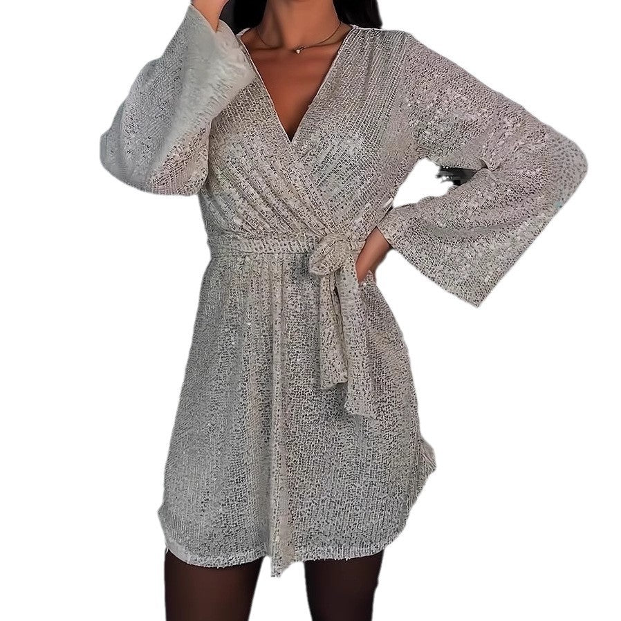 2025 spring collection: new v-neck sequin dress for women - perfect for aliexpress, ebay, and amazon. featuring a sparkling sequin design, long sleeves, and a nightclub/ins style