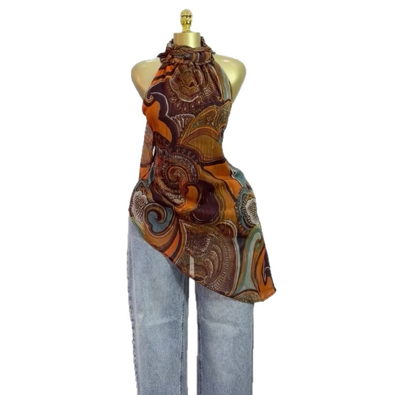 European and american cross-border women's spring  new arrival: elegant halter neck printed sleeveless irregular tank top