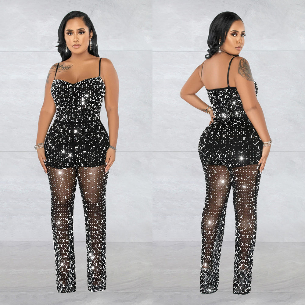 C6556 cross-border   fashion women's hot diamond mesh suspender sleeveless pants jumpsuit